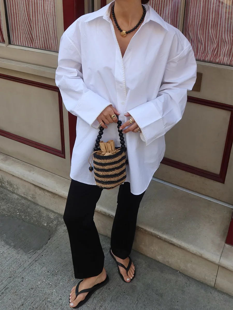 Французская винтажная свободная белая рубашка для женщин, летняя, сексуальная, с длинным рукавом, элегантная базовая блузка на пуговицах, минималистичный топ
Французская винтажная свободная белая рубашка для женщин, летняя, сексуальная, с длинным рукавом, элегантная базовая блузка на пуговицах, минималистичный топ