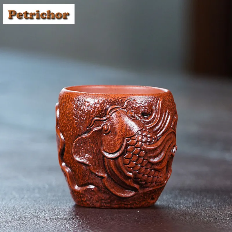 120 мл Исинская фиолетовая глина, рельефная рыбка, чайная чашка, элегантная чайная чаша, пара чая, ароматическая чашка для дегустации чая, чашки Master, чайный сервиз, подарок