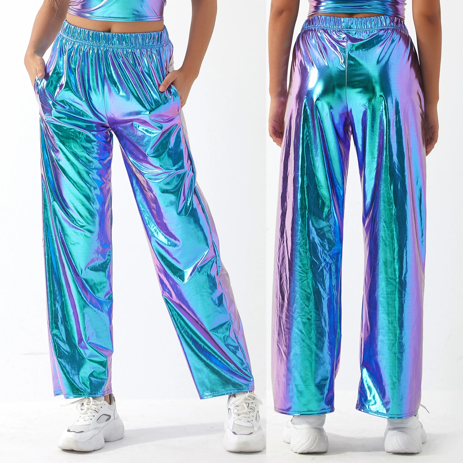Women Metallic Pants Elastic Waist Solid Color Loose Trousers Streetwear with Pockets
Women Metallic Pants Elastic Waist Solid Color Loose Trousers Streetwear with Pockets