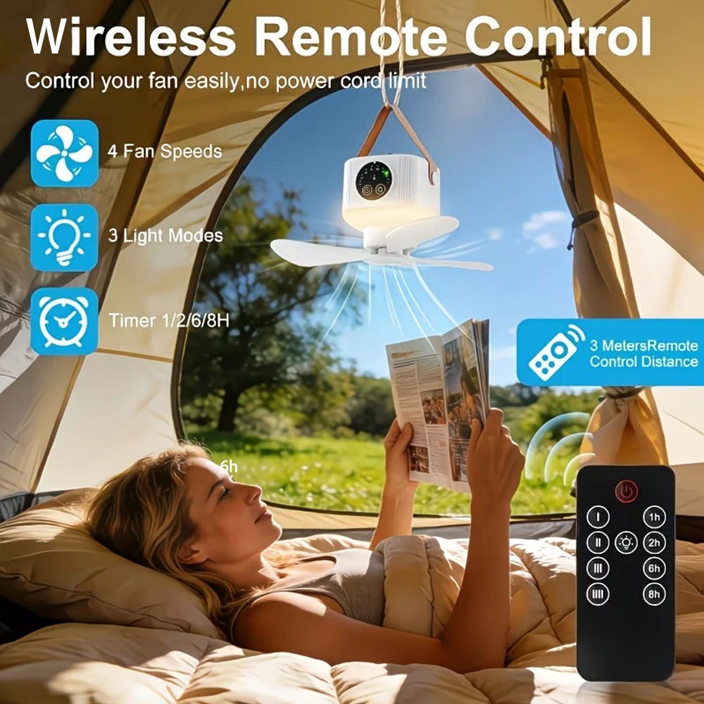 Portable Ceiling Fan with Light 3600/7200mAh 4 Speeds Timer USB Rechargeable Camping Fan with Remote Control Rooftop Tent Travel
Portable Ceiling Fan with Light 3600/7200mAh 4 Speeds Timer USB Rechargeable Camping Fan with Remote Control Rooftop Tent Travel