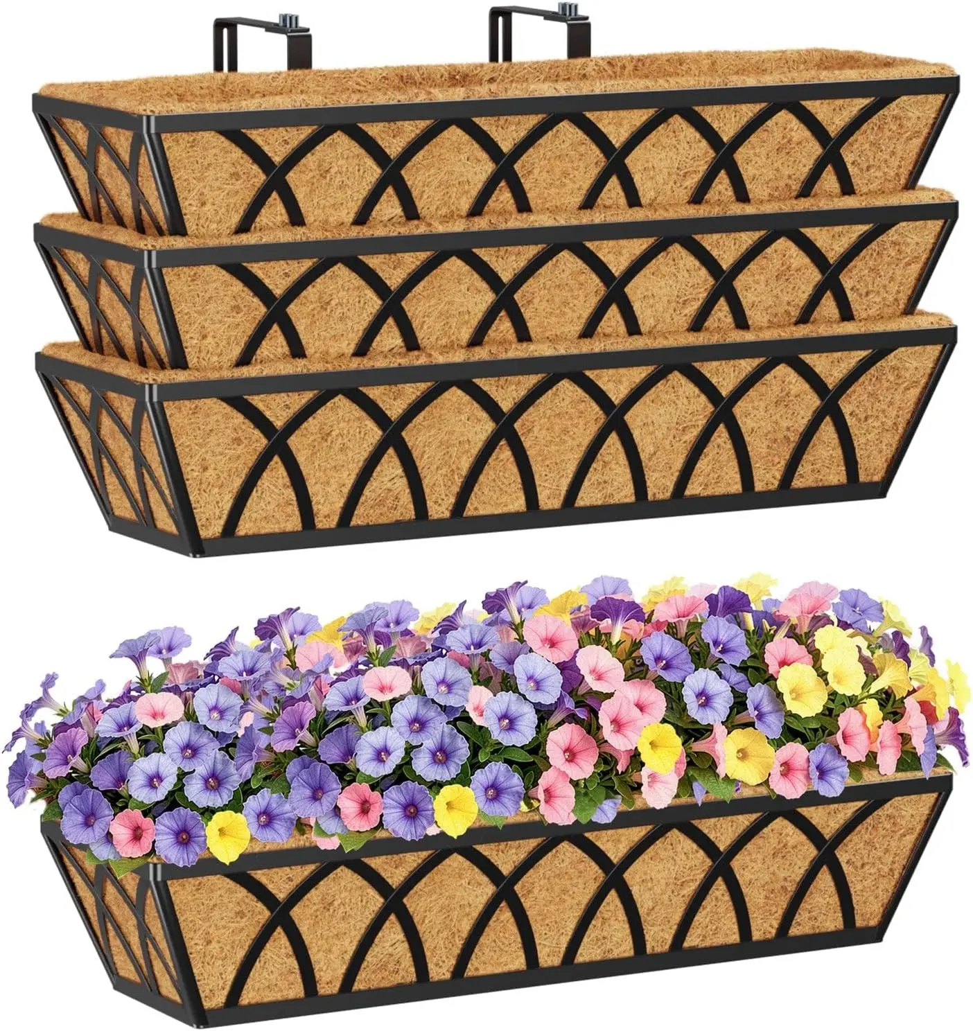 24" Black Metal Railing Planter Box Set of 4 with Coco Liners for Indoor Outdoor Use
24" Black Metal Railing Planter Box Set of 4 with Coco Liners for Indoor Outdoor Use