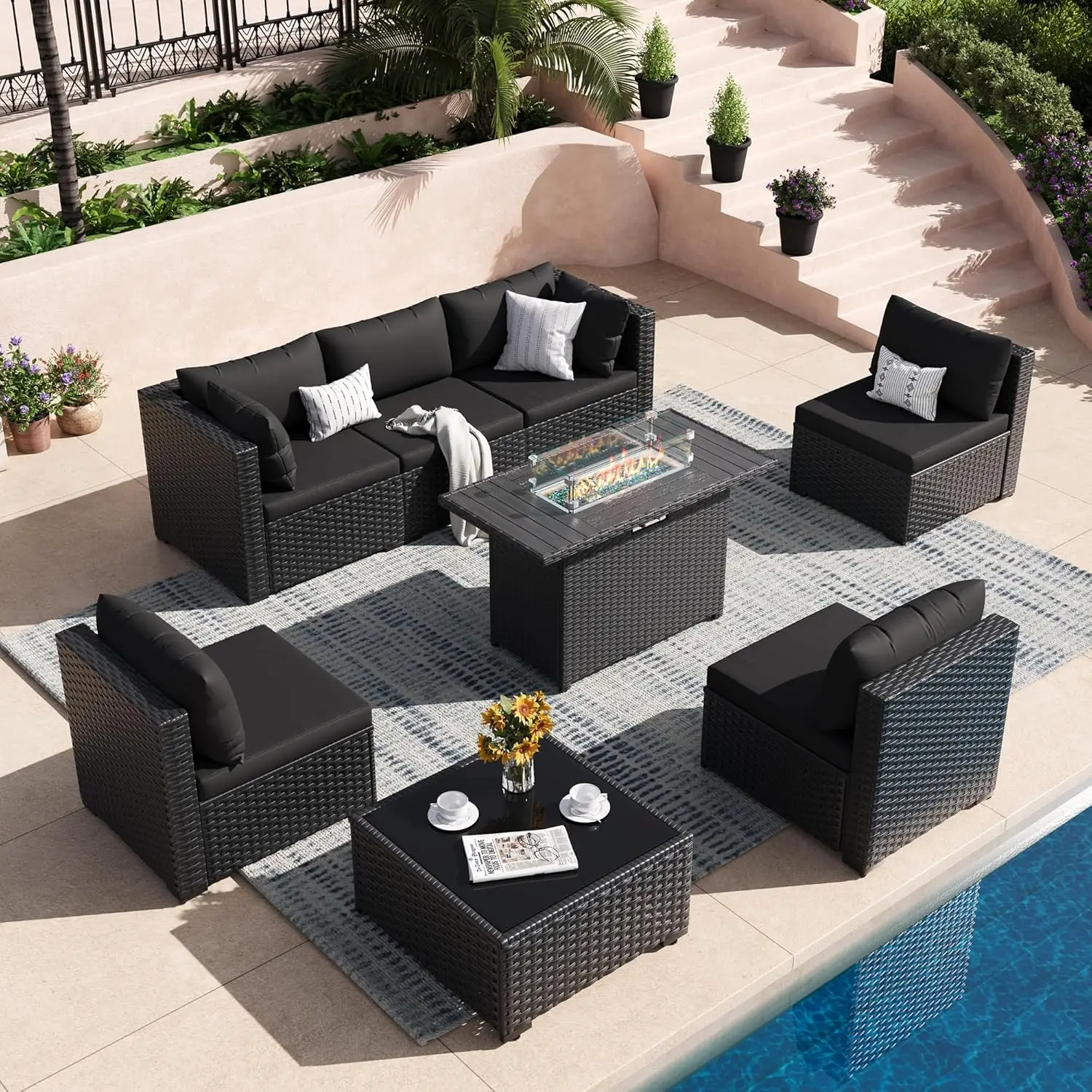 8 Piece Patio Furniture Set with 43" Fire Pit Table, Outdoor Sectional Wicker Rattan Sofa Set with Coffee Table, Customized
8 Piece Patio Furniture Set with 43" Fire Pit Table, Outdoor Sectional Wicker Rattan Sofa Set with Coffee Table, Customized
