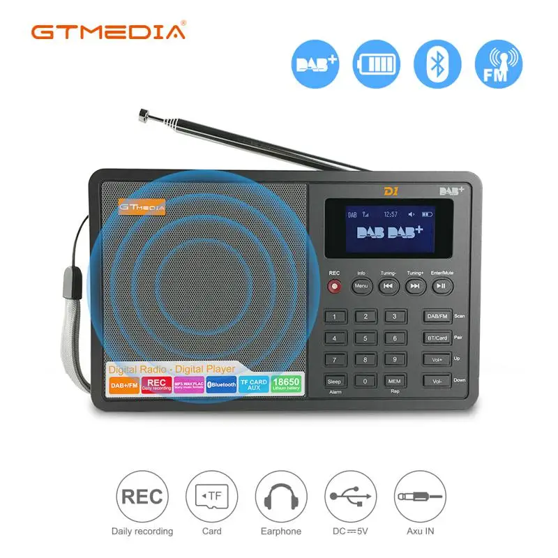 Original GTMEDIA D1 Portable Radio DAB+/FM+BT/Card/AUX Support BT\TF card digital player DAB174.92-239.20MHz FM 87.5-108MHz 
Original GTMEDIA D1 Portable Radio DAB+/FM+BT/Card/AUX Support BT\TF card digital player DAB174.92-239.20MHz FM 87.5-108MHz
