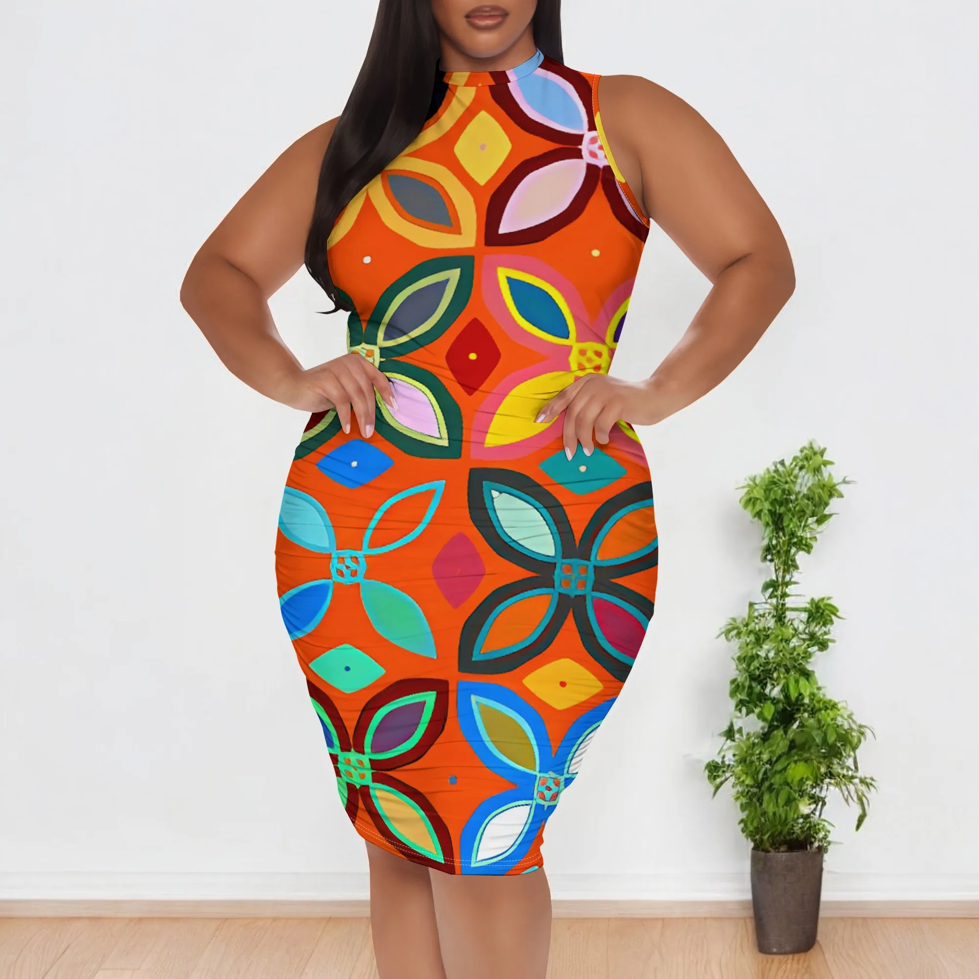 Plus Size Geometric Floral Print Bodycon Dress Sleeveless Colorful Ethnic Summer Midi Dress for Women
Plus Size Geometric Floral Print Bodycon Dress Sleeveless Colorful Ethnic Summer Midi Dress for Women