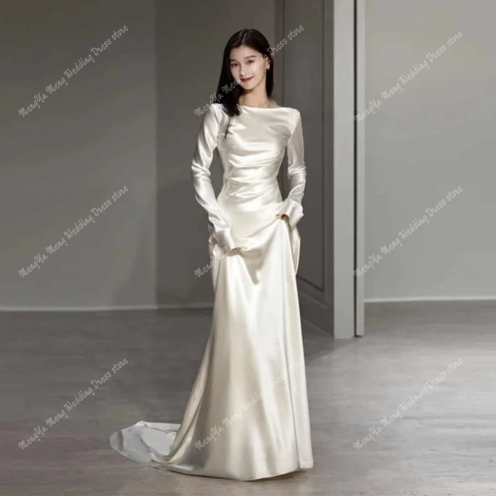 Vintage Silk Soft Satin Ivory Pleat Evening Dress O-Neck Full Sleeves Mermaid Prom Gown For Korean Women Formal Dress Customized
Vintage Silk Soft Satin Ivory Pleat Evening Dress O-Neck Full Sleeves Mermaid Prom Gown For Korean Women Formal Dress Customized