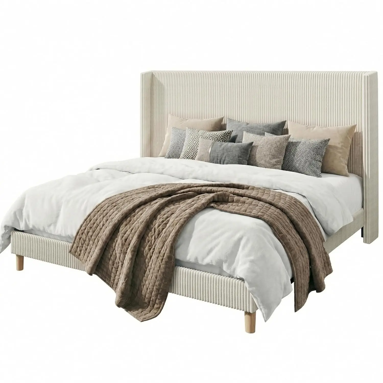 #King Upholstered Platform Bed 51" Wingback Headboard Wooden Slats No Box Spring Beige, Customized
#King Upholstered Platform Bed 51" Wingback Headboard Wooden Slats No Box Spring Beige, Customized