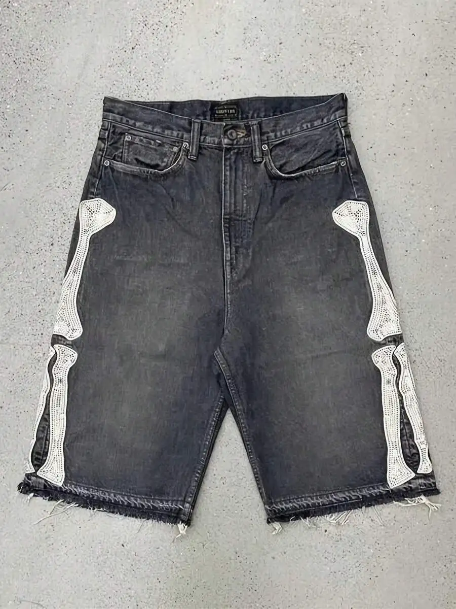 Mens Denim Shorts With Bone Applique Casual Summer Style
Mens Denim Shorts With Bone Applique Casual Summer Style