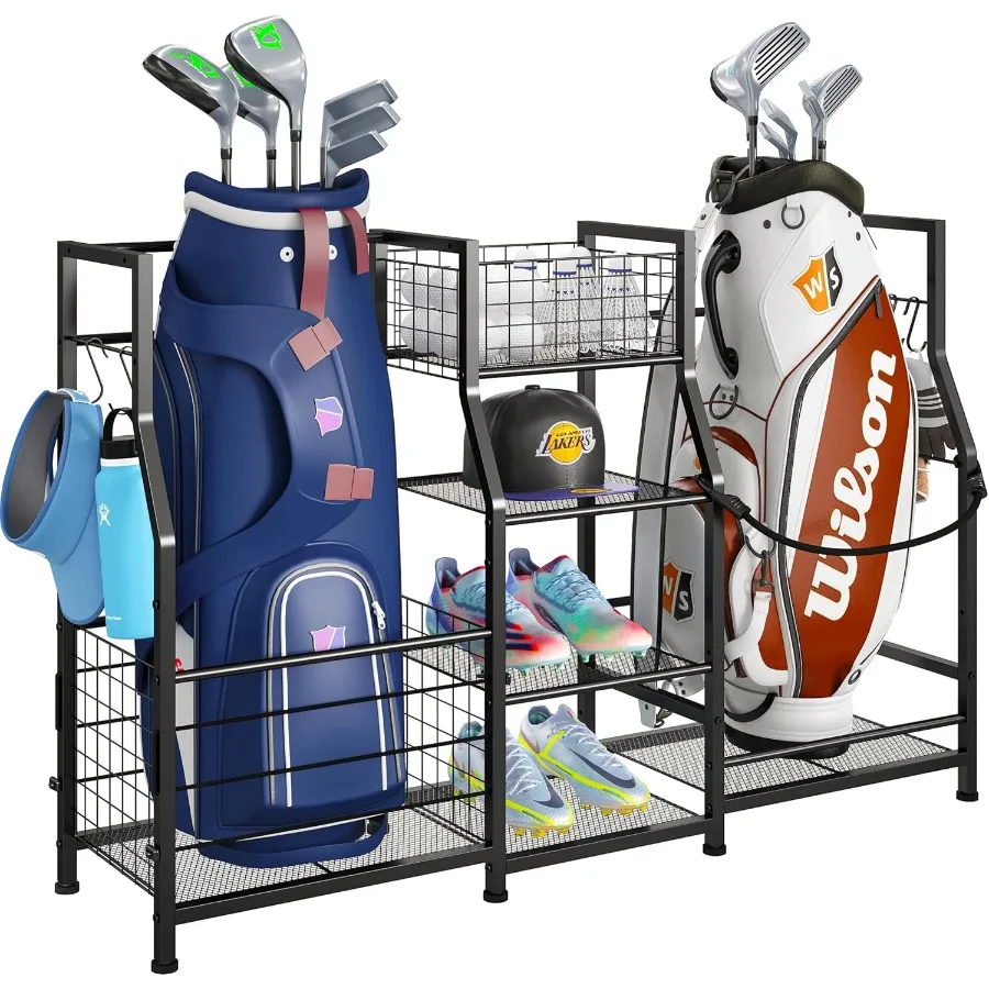 Sports Equipment Organizer Golf Bag Stand with Basket and Hooks for Garage Storage Rack Holds 2 Golf Bags Two Assembly Methods
Sports Equipment Organizer Golf Bag Stand with Basket and Hooks for Garage Storage Rack Holds 2 Golf Bags Two Assembly Methods