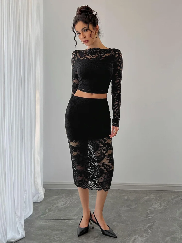 Sexy See Through Lace Patchwork Skirt Suit Slim Black Women Elegant Full Sleeve Round Neck 2-piece Set 2025 New Lady Street Wear
Sexy See Through Lace Patchwork Skirt Suit Slim Black Women Elegant Full Sleeve Round Neck 2-piece Set 2025 New Lady Street Wear