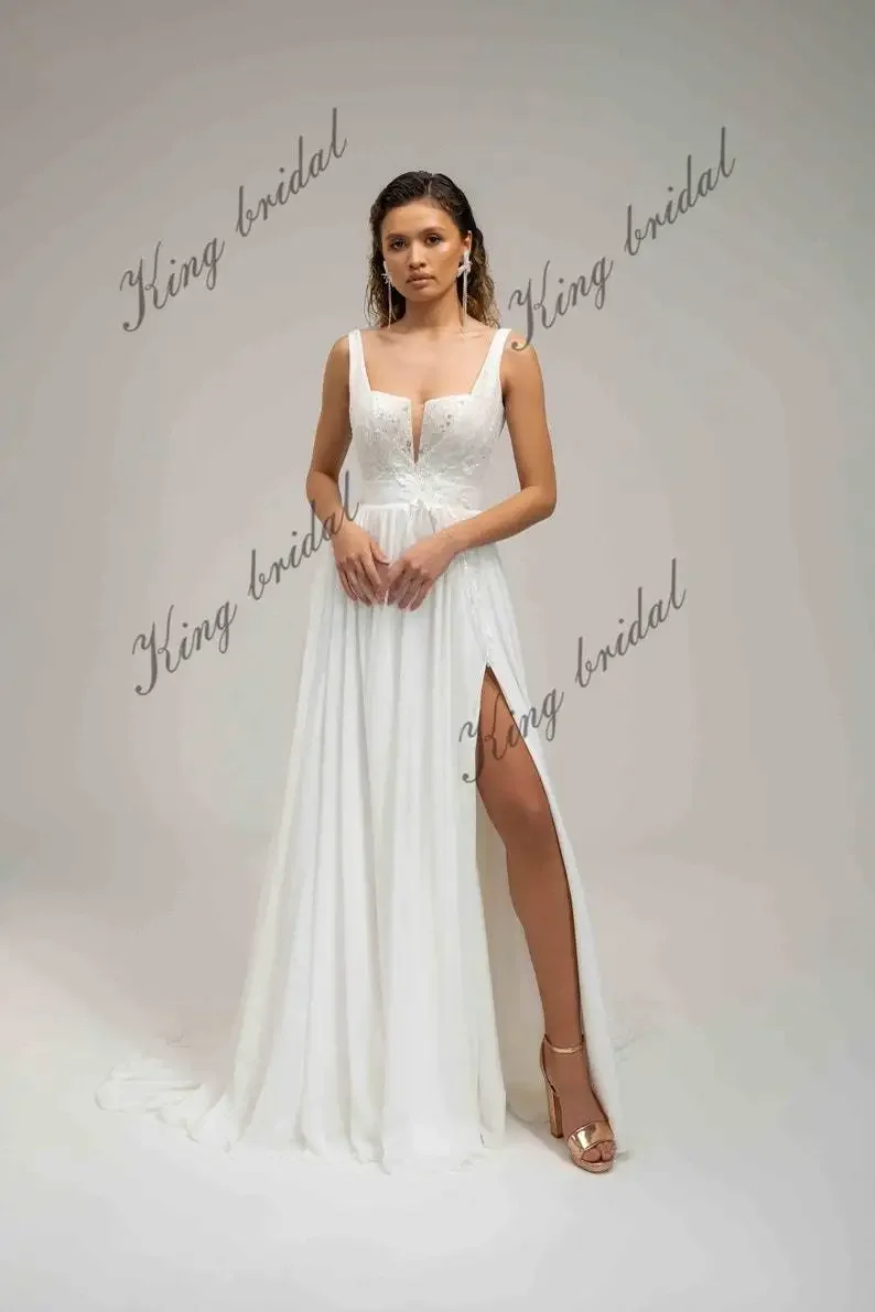 Chiffon Slit Bridal Gown, Backless Wedding Dress, Embroidered Lace V neck Boho Beach Wedding Dresses Custom Wedding Gown
Chiffon Slit Bridal Gown, Backless Wedding Dress, Embroidered Lace V neck Boho Beach Wedding Dresses Custom Wedding Gown