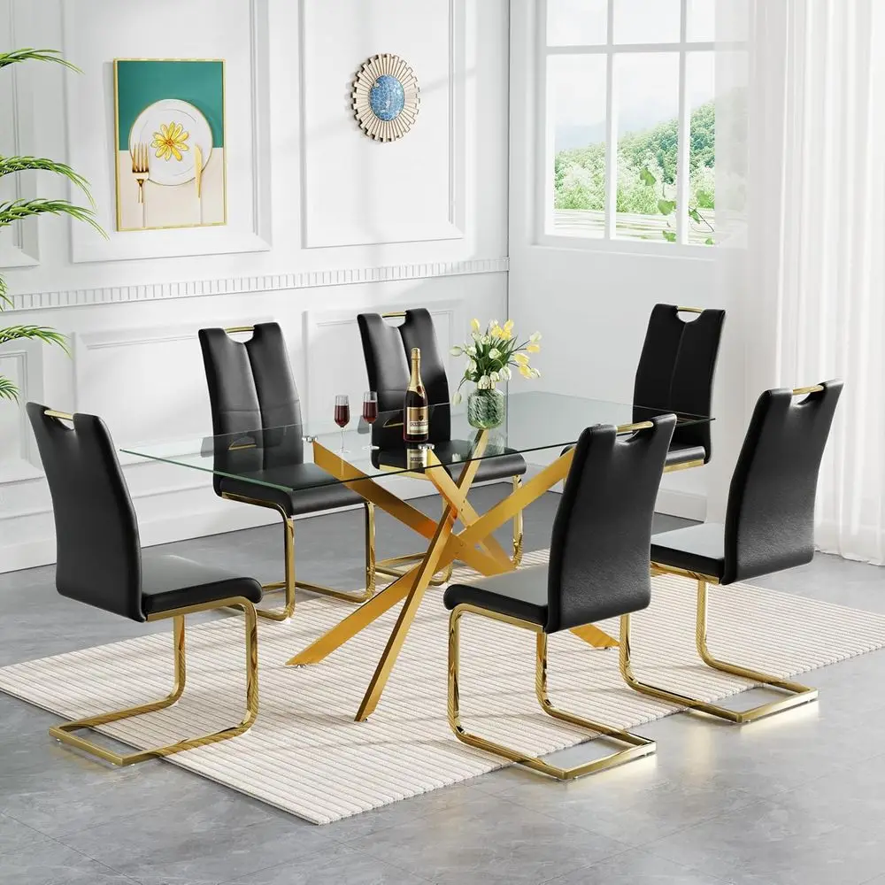 6-Piece Modern Kitchen Table Set with Glass Top and Black Leather Chairs
6-Piece Modern Kitchen Table Set with Glass Top and Black Leather Chairs