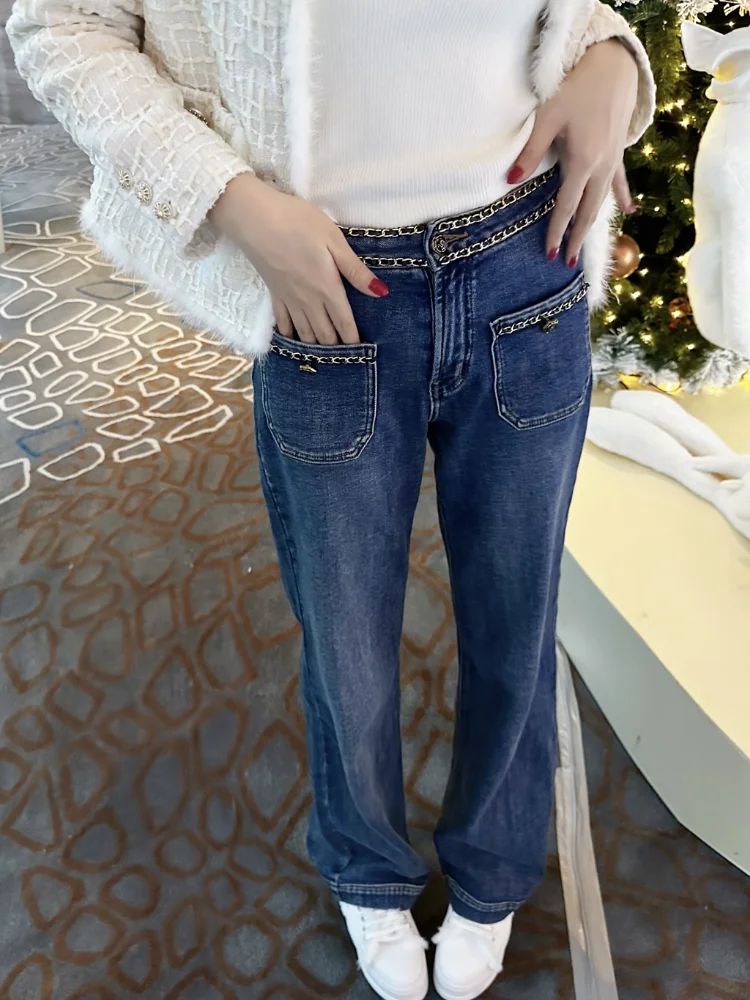 Retro High Waist Wide Leg Denim Jeans Faionable Chain Weave Trousers Spring Season Straight Cut Pants for Women
Retro High Waist Wide Leg Denim Jeans Faionable Chain Weave Trousers Spring Season Straight Cut Pants for Women