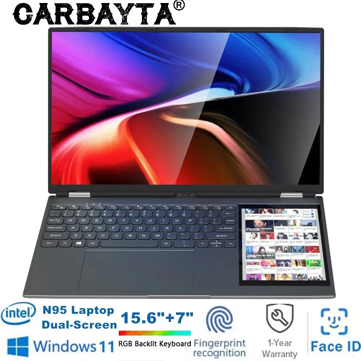 Business Laptop 15.6"+7" Dual Screen Computer, Intel N95 32GB/16GB DDR4 RAM, RGB Backlit Keyboard 7" Touch Screen Notebook PC
Business Laptop 15.6"+7" Dual Screen Computer, Intel N95 32GB/16GB DDR4 RAM, RGB Backlit Keyboard 7" Touch Screen Notebook PC
