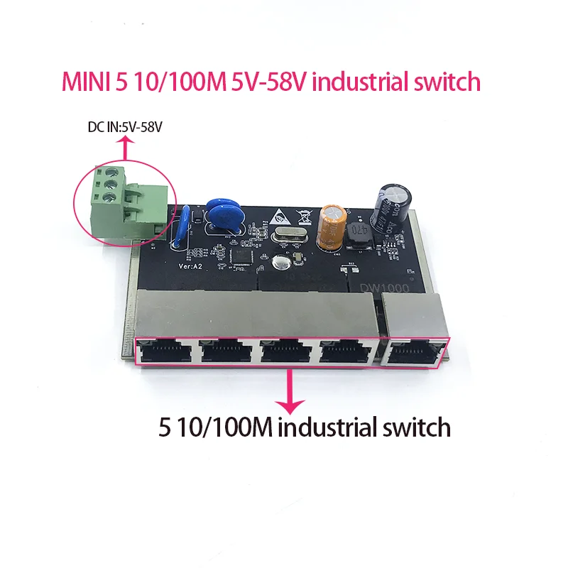 Unmanaged MINI 5port 10/100M 5V-58V Industrial module PCBA board ethernet switch Lightning protection 4KV, anti-static 4KV
Unmanaged MINI 5port 10/100M 5V-58V Industrial module PCBA board ethernet switch Lightning protection 4KV, anti-static 4KV