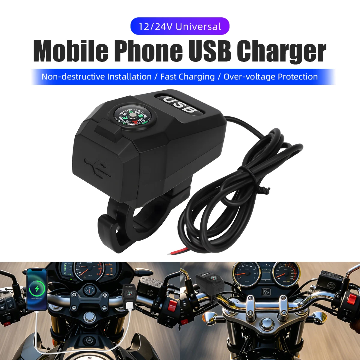 Motorcycle USB Fast Charger USB Socket With Portable Navigation Compass Handlebar Style 12V Power Supply Adapter Phone Charging
Motorcycle USB Fast Charger USB Socket With Portable Navigation Compass Handlebar Style 12V Power Supply Adapter Phone Charging