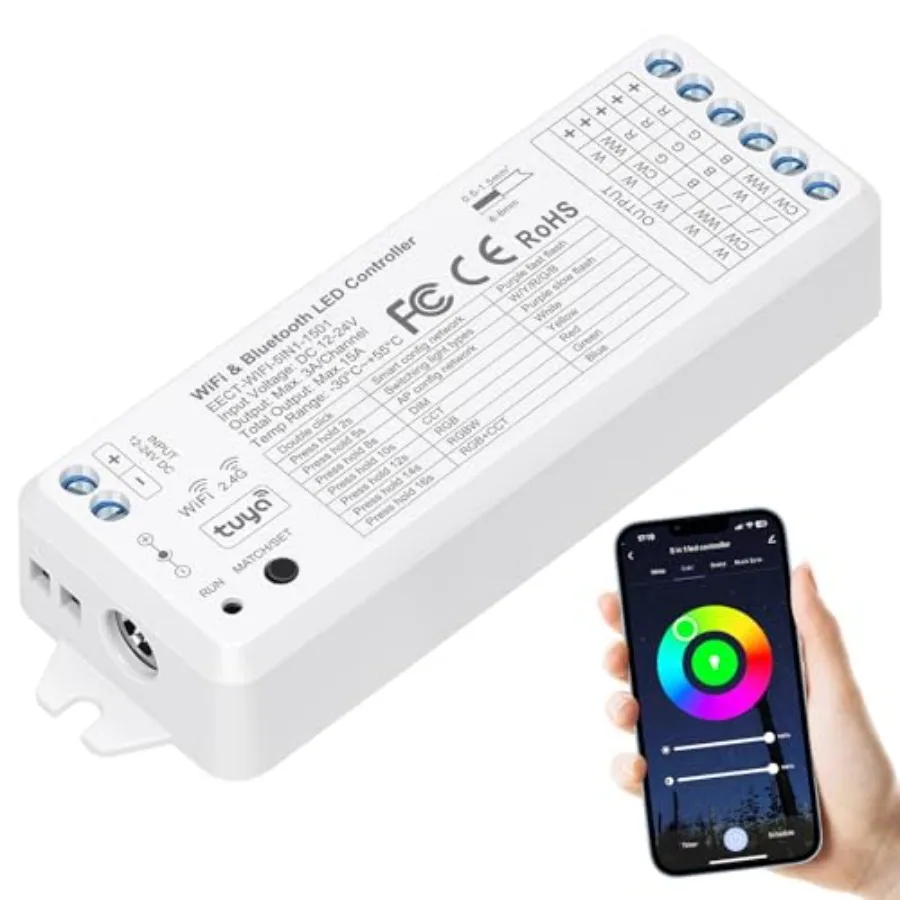 WiFiandBluetooth LED ler WT5 Dimmable for DC12-24V PWM/CCT/RGB/RGBW/RGBCCT LED Strip Lights Compatible with Tuya/Smart Life/Ale
WiFiandBluetooth LED ler WT5 Dimmable for DC12-24V PWM/CCT/RGB/RGBW/RGBCCT LED Strip Lights Compatible with Tuya/Smart Life/Ale