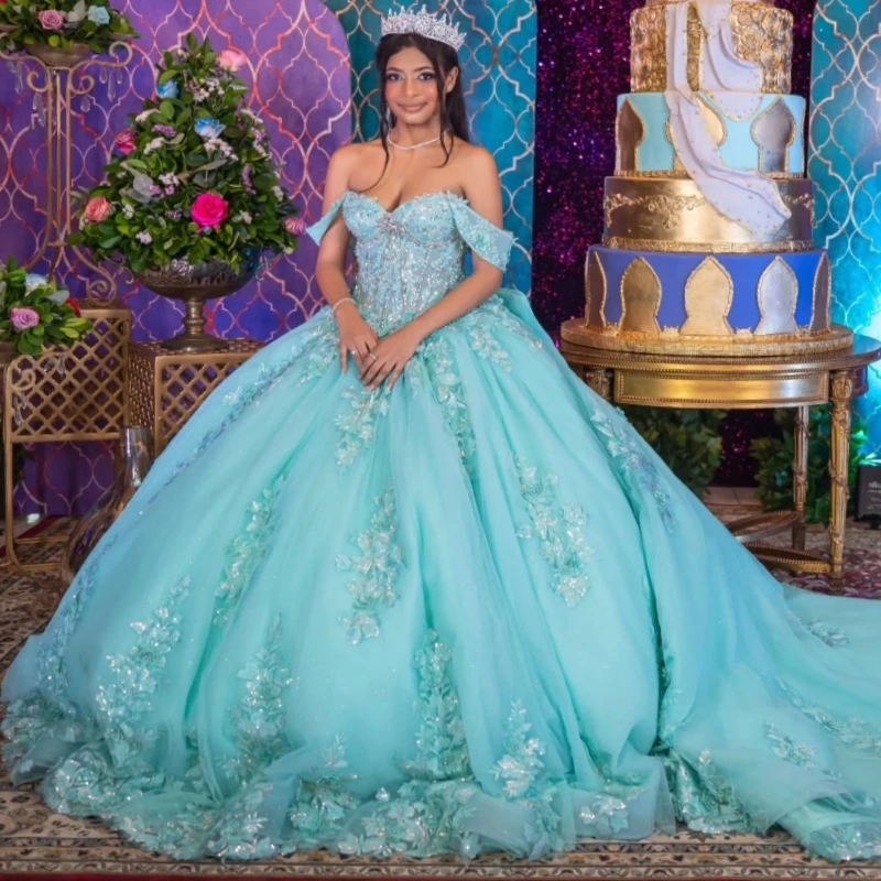 Blue Green Quinceanera Dresses Off Shoulder Ball Gown Sweet 16 Dress Applique Bow Beading Tull Birthday Party Vestidos 15 Anos
Blue Green Quinceanera Dresses Off Shoulder Ball Gown Sweet 16 Dress Applique Bow Beading Tull Birthday Party Vestidos 15 Anos