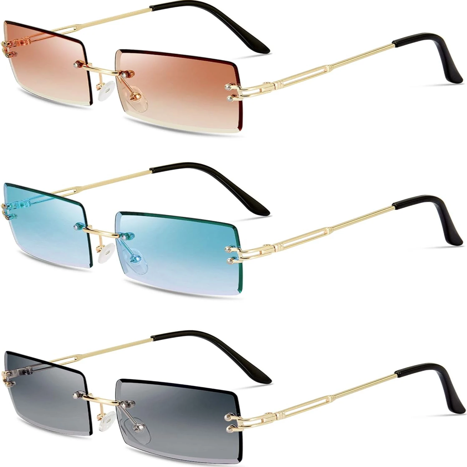 3 Stylish Vintage Rimless Rectangle Sunglasses with Tinted Frames for Women and Men - Trendy Y2K Eyewear Set
3 Stylish Vintage Rimless Rectangle Sunglasses with Tinted Frames for Women and Men - Trendy Y2K Eyewear Set