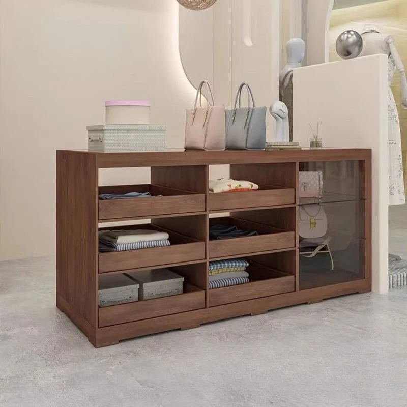 Clothing store, flowing water platform, solid wood baking paint display cabinet, women's clothing store
Clothing store, flowing water platform, solid wood baking paint display cabinet, women's clothing store