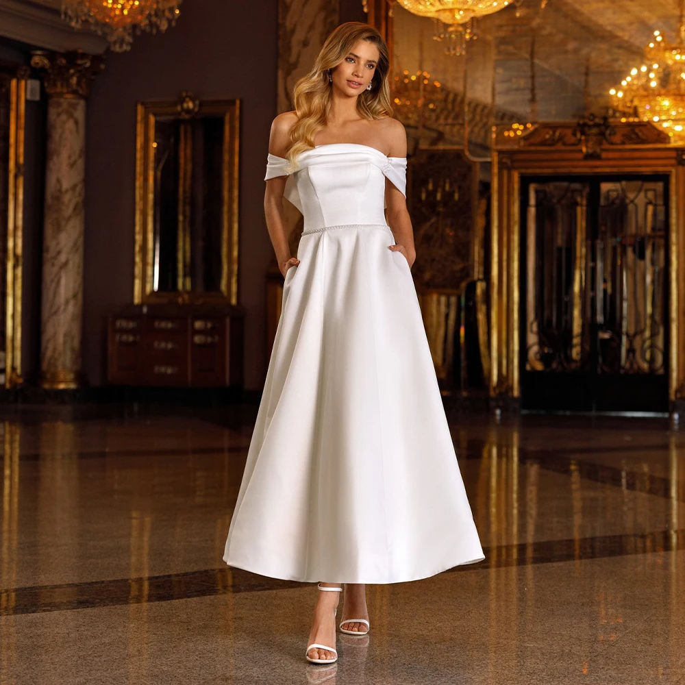 Short Wedding Dress White Satin Off the Shoulder A Line Gowns for Women 2023 Beaded Belt Simple Bridal with Pocket
Short Wedding Dress White Satin Off the Shoulder A Line Gowns for Women 2023 Beaded Belt Simple Bridal with Pocket