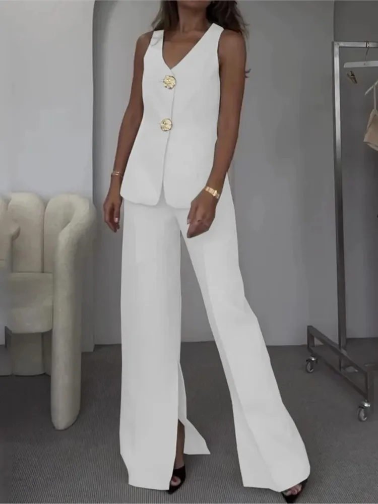 Elegant Women's Tank Top Two Piece Sets Streetwear 2025 Summer New Solid V-neck Sleeveless Vest High Waisted Wide Leg Pants Suit
Elegant Women's Tank Top Two Piece Sets Streetwear 2025 Summer New Solid V-neck Sleeveless Vest High Waisted Wide Leg Pants Suit
