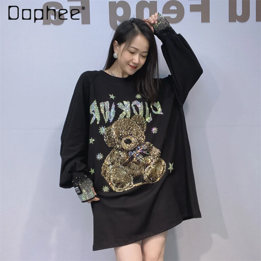 Fashion Brand Women's Rhinestone Long Sleeve T-Shirt Mid-Length Oversized Black Top Round Neck Bear Cartoon Tee Kawaii Clothes
Fashion Brand Women's Rhinestone Long Sleeve T-Shirt Mid-Length Oversized Black Top Round Neck Bear Cartoon Tee Kawaii Clothes