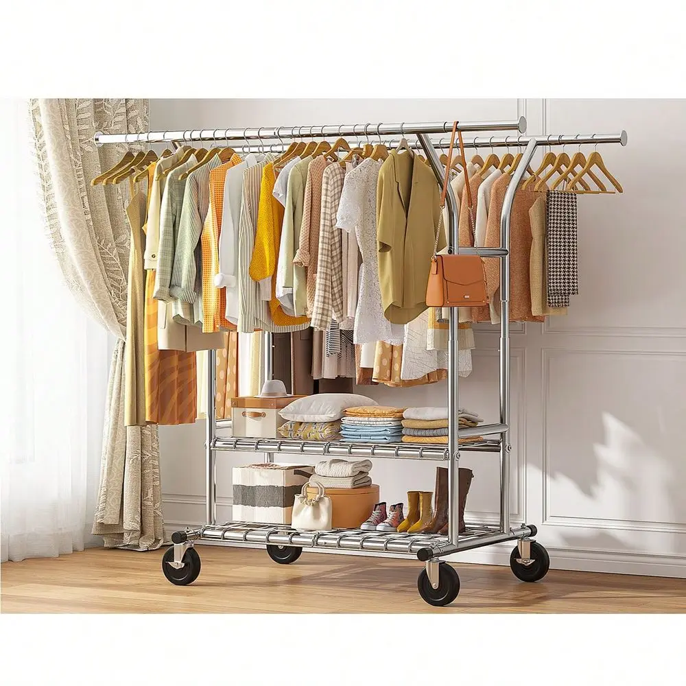 W Clothes Rack, Clothing Rack With Wheels Load 265LBS, Double Rod Clothing Racks For Hanging Clothes, Heavy Duty Clothes Rack,
W Clothes Rack, Clothing Rack With Wheels Load 265LBS, Double Rod Clothing Racks For Hanging Clothes, Heavy Duty Clothes Rack,