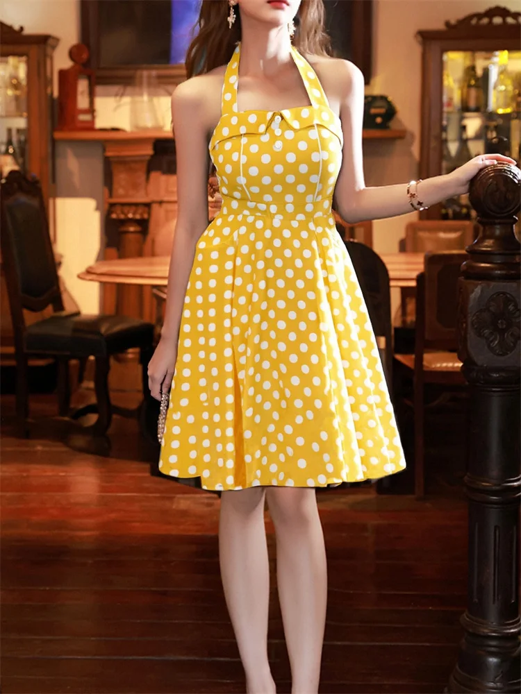 Strapless Sexy Vintage Big Swing Casual Summer Dress Polka Dot Print Yellow Red Sleeveless 50s 60s Halter Rockabilly Party Dress
Strapless Sexy Vintage Big Swing Casual Summer Dress Polka Dot Print Yellow Red Sleeveless 50s 60s Halter Rockabilly Party Dress