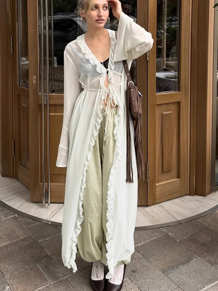New Fashion Flounced Edge V-Neck Long Dress For Women Solid See-Through Lacing High Waist Dress Beach Style Female Maxi Dress 
New Fashion Flounced Edge V-Neck Long Dress For Women Solid See-Through Lacing High Waist Dress Beach Style Female Maxi Dress