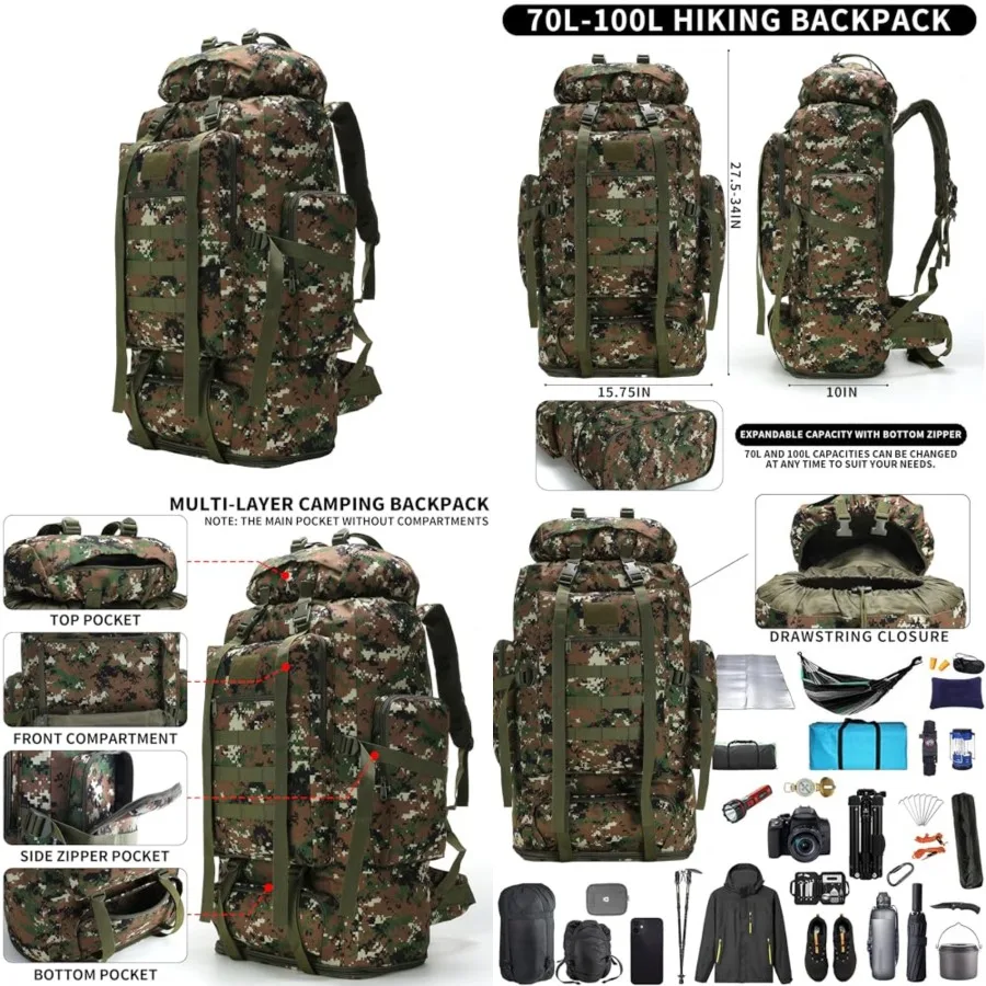 Hiking Backpack for Men 70L/100L Camping Backpack Military Rucksack Molle 3 Days Assault Pack for Climbing Camping Backpack, 3
Hiking Backpack for Men 70L/100L Camping Backpack Military Rucksack Molle 3 Days Assault Pack for Climbing Camping Backpack, 3