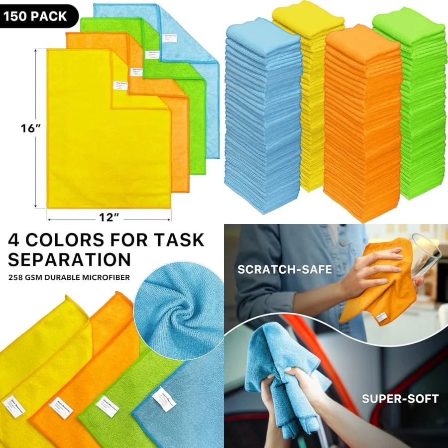 Houseware Microfiber Cleaning Cloth 150 Pack, 12" x 16", 4 Colors,Heavy-duty microfiber cloth made of durable 258 GSM fabric to prevent scratching delicate surfaces and provide long-lasting, repeated use
Houseware Microfiber Cleaning Cloth 150 Pack, 12" x 16", 4 Colors,Heavy-duty microfiber cloth made of durable 258 GSM fabric to prevent scratching delicate surfaces and provide long-lasting, repeated use