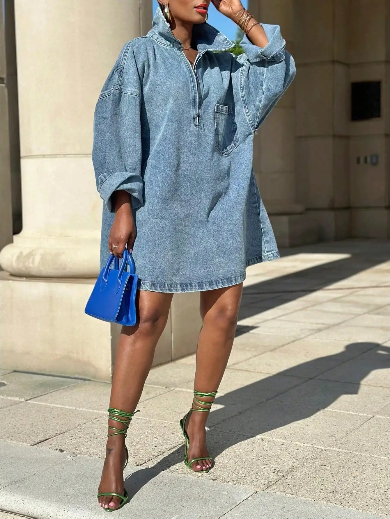 Loose Fit Denim Shirt Dress with Half Zip and Chest Pocket
Loose Fit Denim Shirt Dress with Half Zip and Chest Pocket