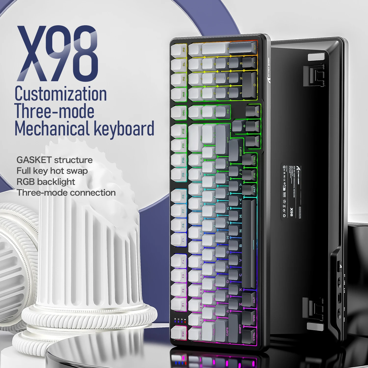 Механическая клавиатура X98, три режима подключения, ATTACK SHARK, 102 клавиши, полная поддержка горячей замены, конструкция Gasket, полноцветная RGB-подсветка
Механическая клавиатура X98, три режима подключения, ATTACK SHARK, 102 клавиши, полная поддержка горячей замены, конструкция Gasket, полноцветная RGB-подсветка