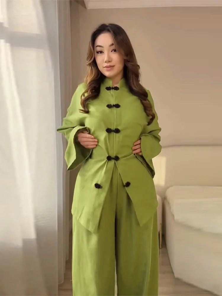 Casual Loose Pants Set Women Stand Collar Lace Up Frog Buttons Shirts Wide Leg Pants 2026 Spring Summer Lady 2 Pieces Outfits
Casual Loose Pants Set Women Stand Collar Lace Up Frog Buttons Shirts Wide Leg Pants 2026 Spring Summer Lady 2 Pieces Outfits
