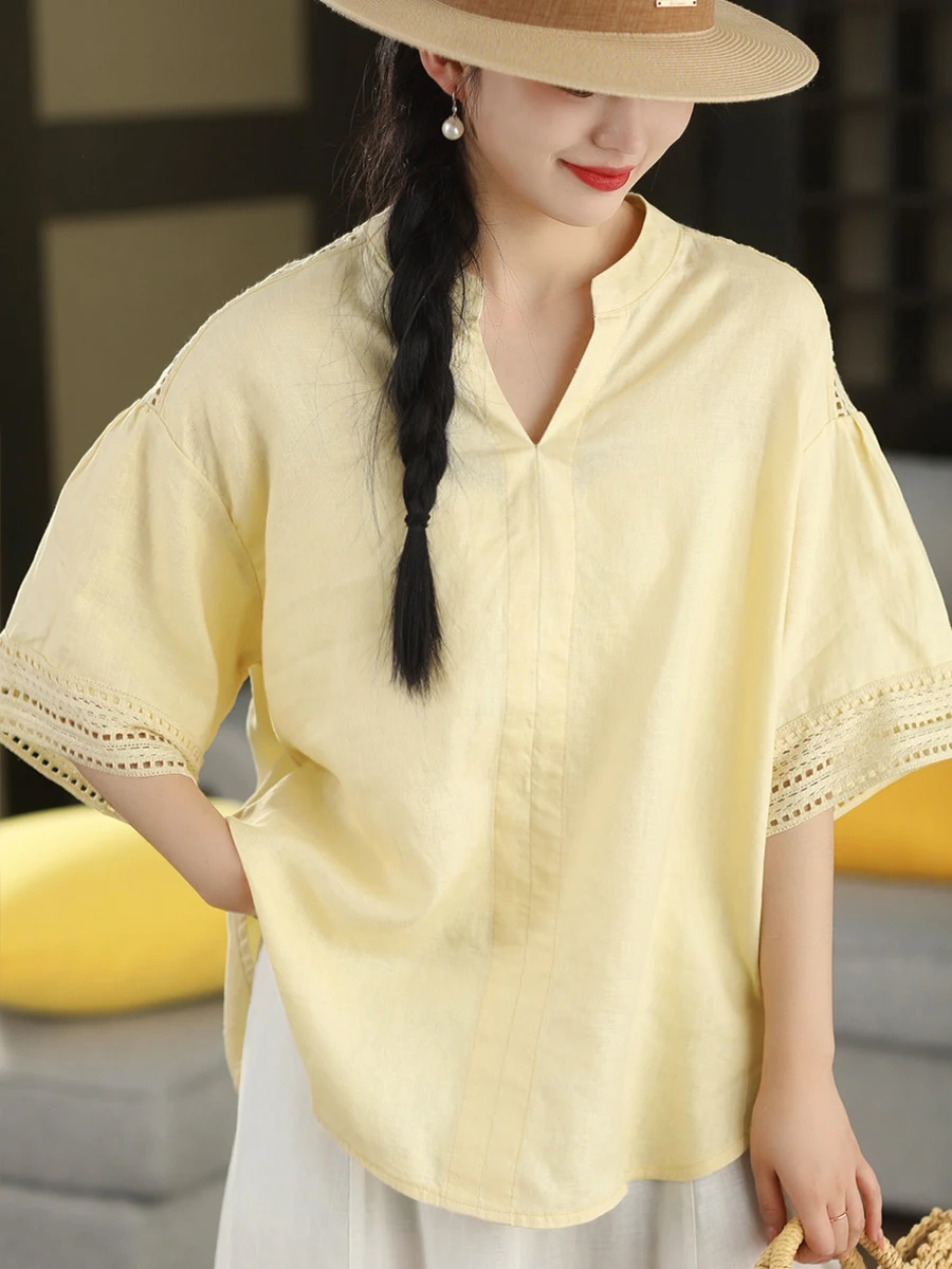 Retro Heavyweight Hollow out Patchwork Linen Shirt Women's V-Neck Overhead Summer Fashionable Loose Fit Breathable Comfortable
Retro Heavyweight Hollow out Patchwork Linen Shirt Women's V-Neck Overhead Summer Fashionable Loose Fit Breathable Comfortable