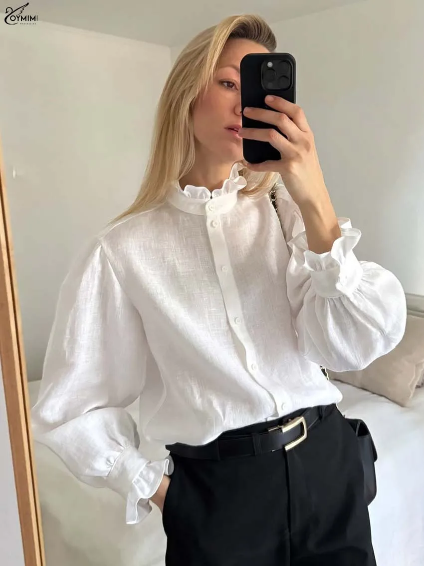 Oymimi Fashion White Cotton Women's Blouse Elegant Ruffled Long Sleeve Single Breasted Blouses Casual Solid Shirts Streetwear
Oymimi Fashion White Cotton Women's Blouse Elegant Ruffled Long Sleeve Single Breasted Blouses Casual Solid Shirts Streetwear
