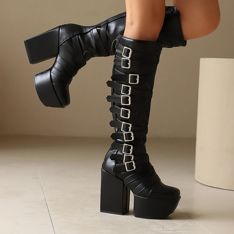 Punk Belt Buckles Motorcycle Knee High Long Boots Autumn Winter 2024 High Heel Black Patent Leather Botas Party Shoes for Women
Punk Belt Buckles Motorcycle Knee High Long Boots Autumn Winter 2024 High Heel Black Patent Leather Botas Party Shoes for Women