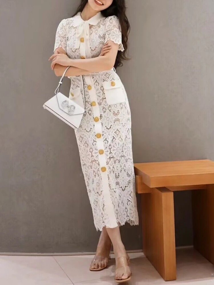 Spring/Summer New In Floral Macrame-lace Mid-Calf Dress Elegant French Style Vintage Bow Tie Lapel Long Dress Night Out
Spring/Summer New In Floral Macrame-lace Mid-Calf Dress Elegant French Style Vintage Bow Tie Lapel Long Dress Night Out
