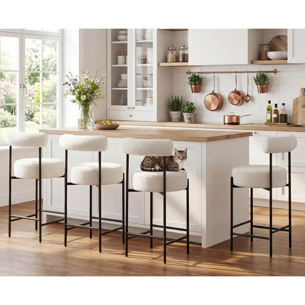 Set of 4 Upholstered Counter Height Bar Stools with Curved Open Back and Round Seat, 26 Inch White Comfortable Chairs for Bar or
Set of 4 Upholstered Counter Height Bar Stools with Curved Open Back and Round Seat, 26 Inch White Comfortable Chairs for Bar or