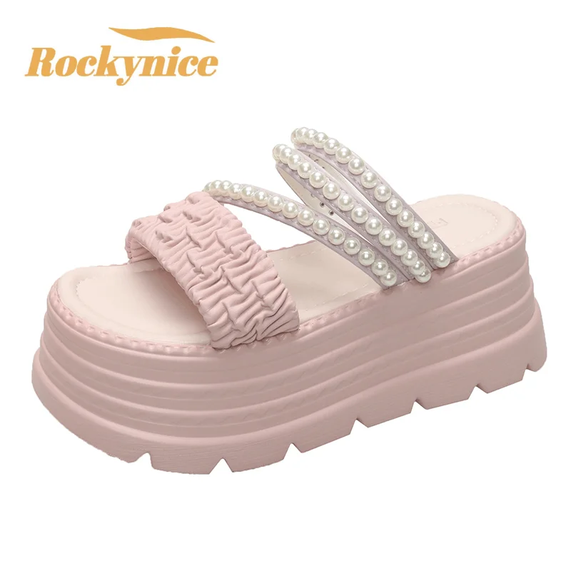 New 2025 Pearl Strap Chunky Sandals Women Summer High Platform Wedges Slippers Woman Fashion 8CM Heels Thick Bottom Beach Slides
New 2025 Pearl Strap Chunky Sandals Women Summer High Platform Wedges Slippers Woman Fashion 8CM Heels Thick Bottom Beach Slides