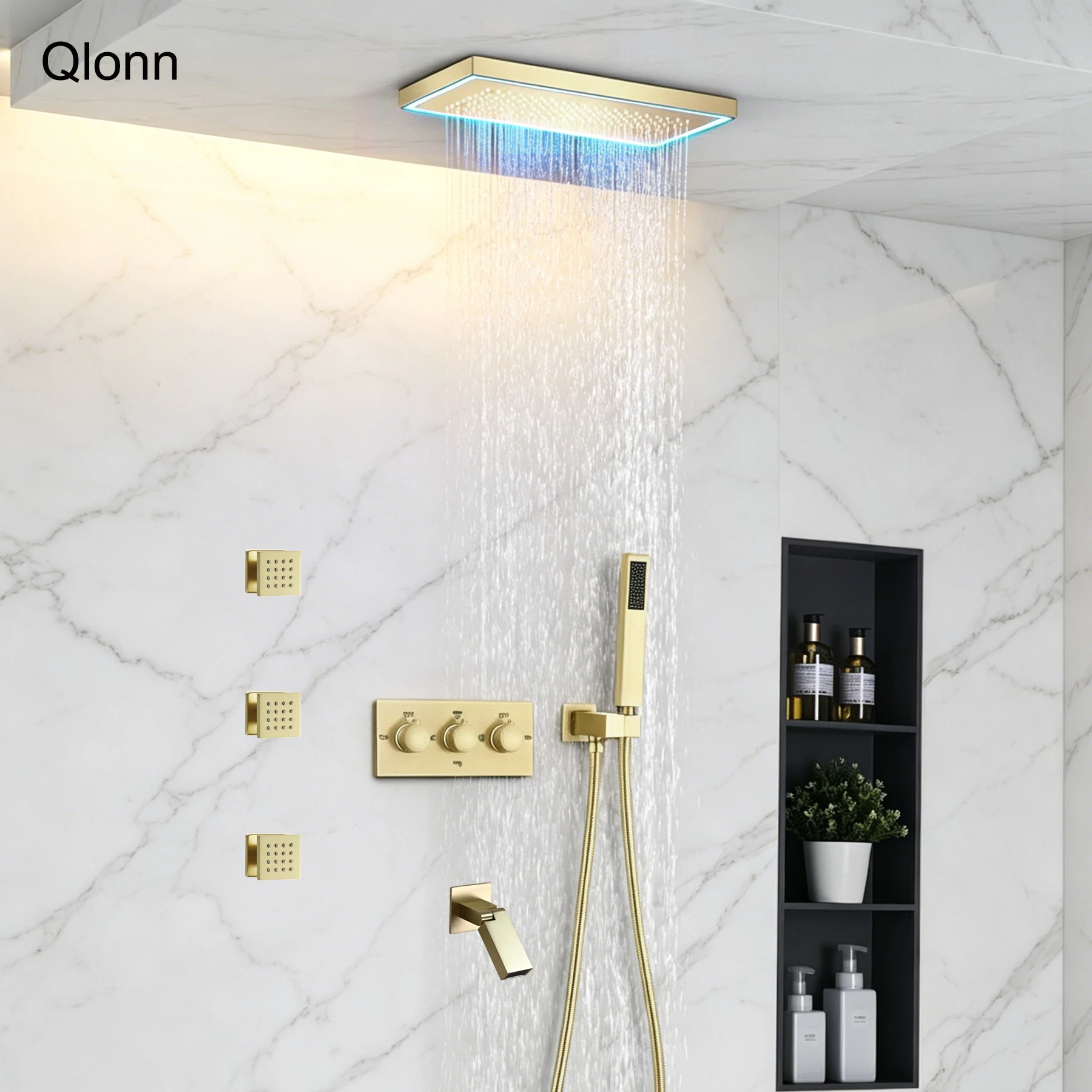 Qlonn Black Smart LED Shower Set 400x200mm Embedded Rain Head with 4Function Concealed Hot Cold Valve SPA Body Jets for Bathroom
Qlonn Black Smart LED Shower Set 400x200mm Embedded Rain Head with 4Function Concealed Hot Cold Valve SPA Body Jets for Bathroom