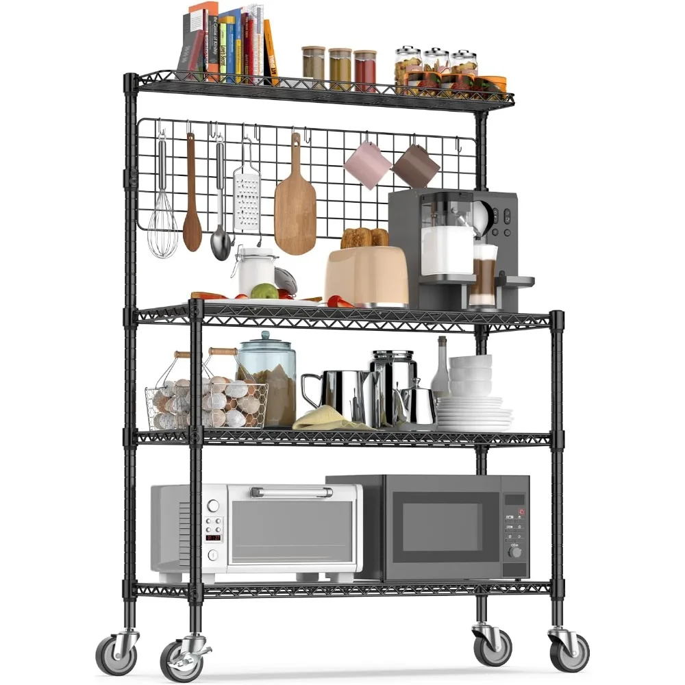 Kitchen rack, 4-layer microwave stand with wheels, 20 S-shaped hooks, adjustable heavy-duty storage rack, metal storage rack
Kitchen rack, 4-layer microwave stand with wheels, 20 S-shaped hooks, adjustable heavy-duty storage rack, metal storage rack