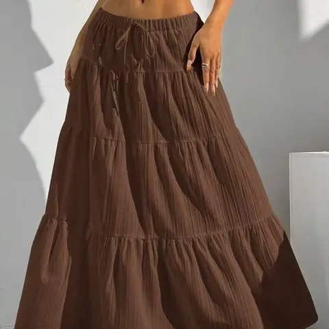 Spring Summer Women's Midi Skirt New Style Wish Loose Long Skirt Belted Panelled Flared Skirt Casual Comfortable Polyester