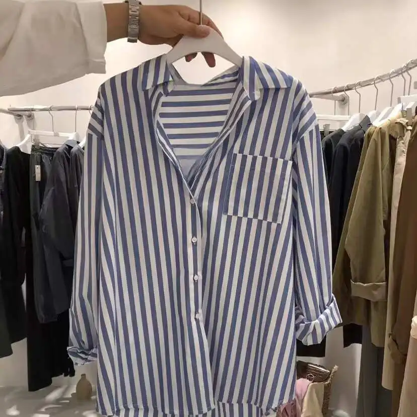 Women's Long Sve Striped irt Lapel Tops Street Sle Loose Fit Knot Cotton Blend Warm Thin Spring Faion
Women's Long Sve Striped irt Lapel Tops Street Sle Loose Fit Knot Cotton Blend Warm Thin Spring Faion