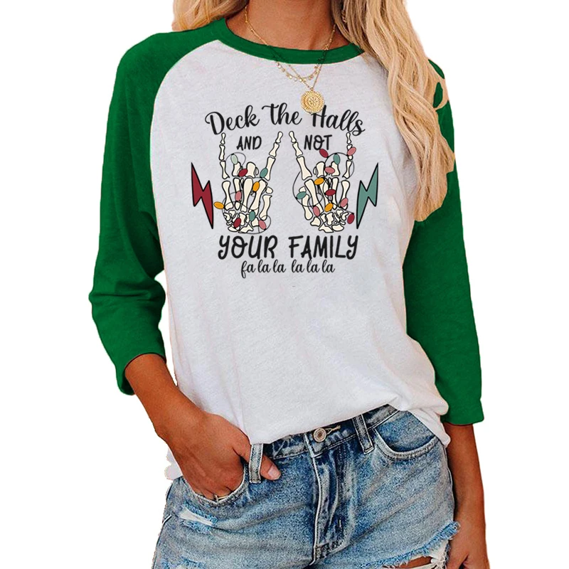 Christmas Light Skeleton Hand Deck The Halls Print Three Quarter Sleeve Shirt Women Casual Seven Sleeves Round Neck Tops T-shirt
Christmas Light Skeleton Hand Deck The Halls Print Three Quarter Sleeve Shirt Women Casual Seven Sleeves Round Neck Tops T-shirt