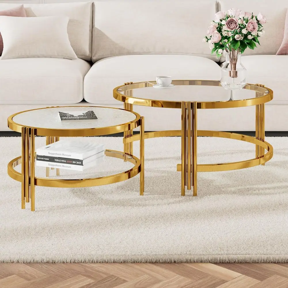 2-Tier 32.75 Luxury Nesting Coffee Table Set with Tempered Glass and Metal, Gold and Clear for Living Room or Office Appearance
2-Tier 32.75 Luxury Nesting Coffee Table Set with Tempered Glass and Metal, Gold and Clear for Living Room or Office Appearance