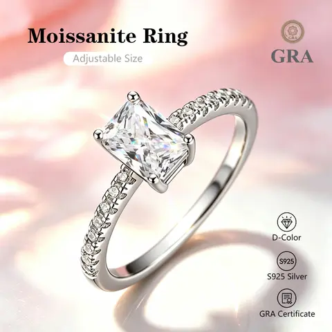0.5-2.0 Carat Radiant Cut Moissanite Ring S925 Silver Luxury Wedding Party Banquet Gift for Women with GRA Certificate