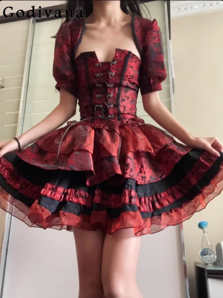 Dark Jacquard Sweet Bow Slim Lolita Strapless Top Cute Girl High Waist Fashion Versatile Age Reduction Ruffles Cake Skirt Sets
Dark Jacquard Sweet Bow Slim Lolita Strapless Top Cute Girl High Waist Fashion Versatile Age Reduction Ruffles Cake Skirt Sets