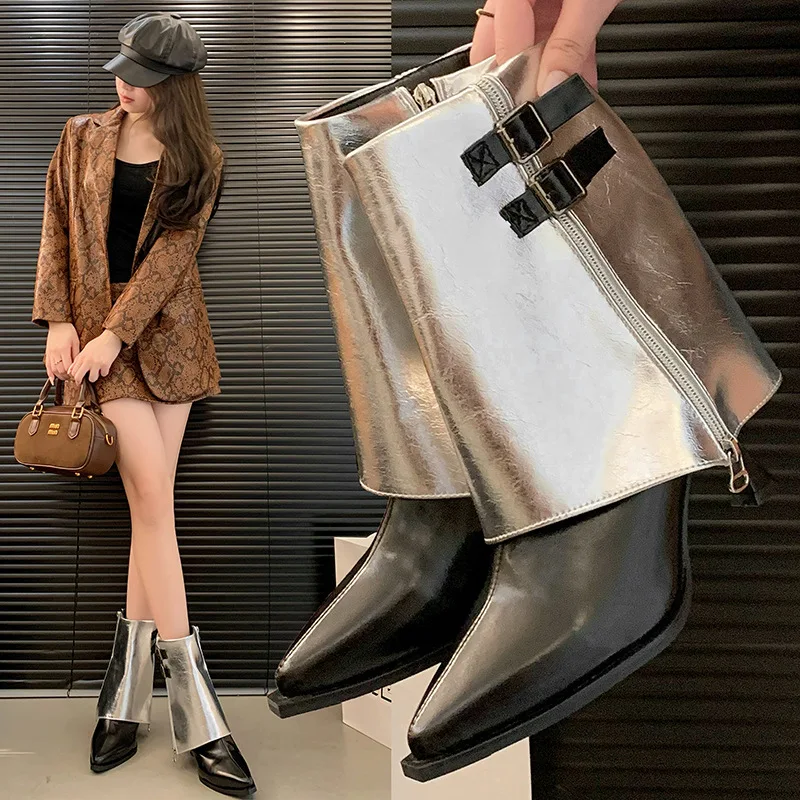 Эстетические ботинки с острым носком, осень-зима 2021, хит продаж, ботильоны до середины икры на блочном каблуке с металлическими леггинсами для женщин
Эстетические ботинки с острым носком, осень-зима 2021, хит продаж, ботильоны до середины икры на блочном каблуке с металлическими леггинсами для женщин