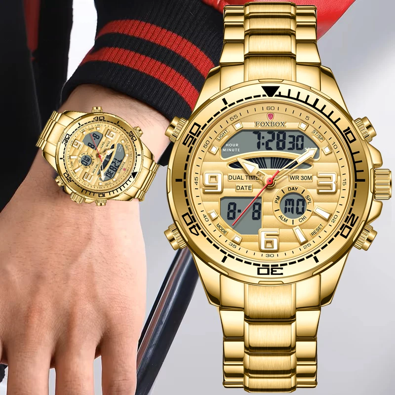 FOXBOX Luxury Original Gold Stainless Steel Men's Electronic Wristwatch LED Backlight Alarm Chronograph Male Waterproof Watch
FOXBOX Luxury Original Gold Stainless Steel Men's Electronic Wristwatch LED Backlight Alarm Chronograph Male Waterproof Watch